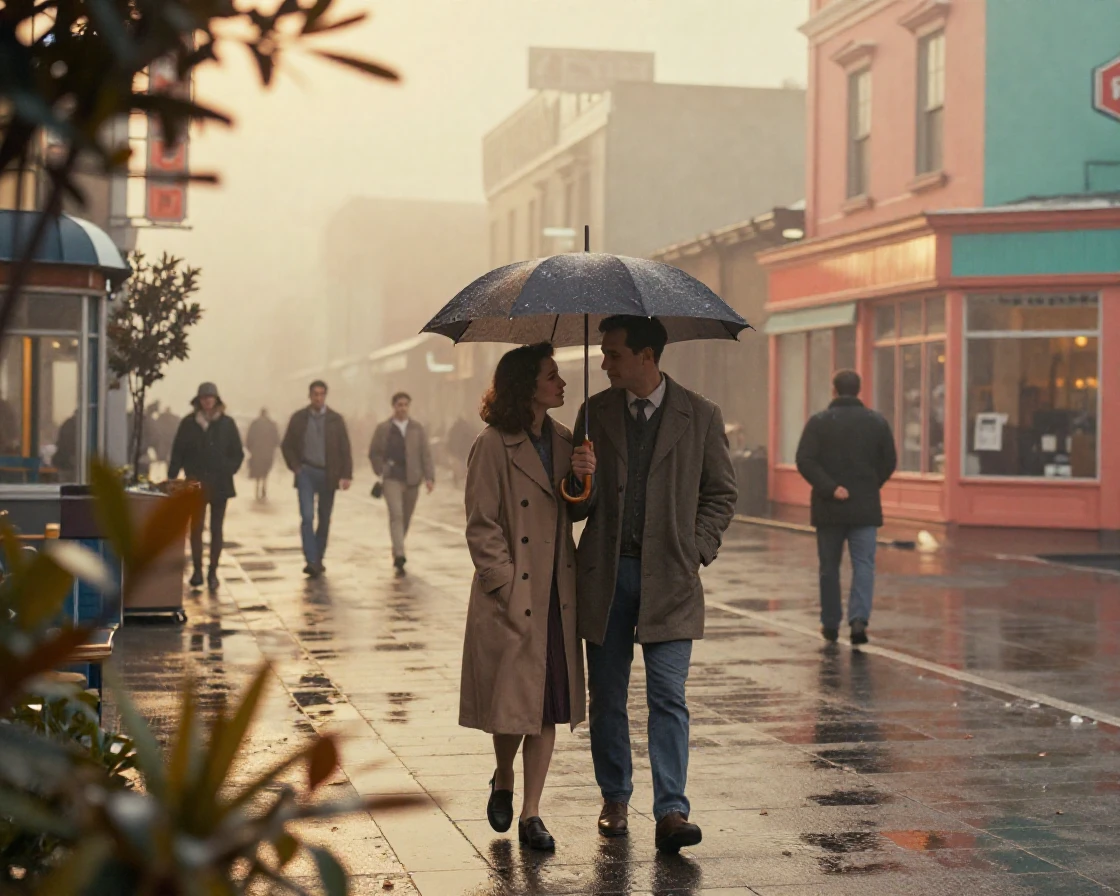 A couple sharing a single umbrella while crossing a busy city square, under soft golden-hour light, in thick rolling fog, under the first snow of winter, in vivid coral and turquoise hues, peering through foliage in the foreground.