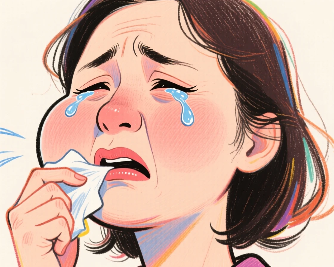 A woman trying to hold back a sneeze, cheeks puffed out and eyes watering.