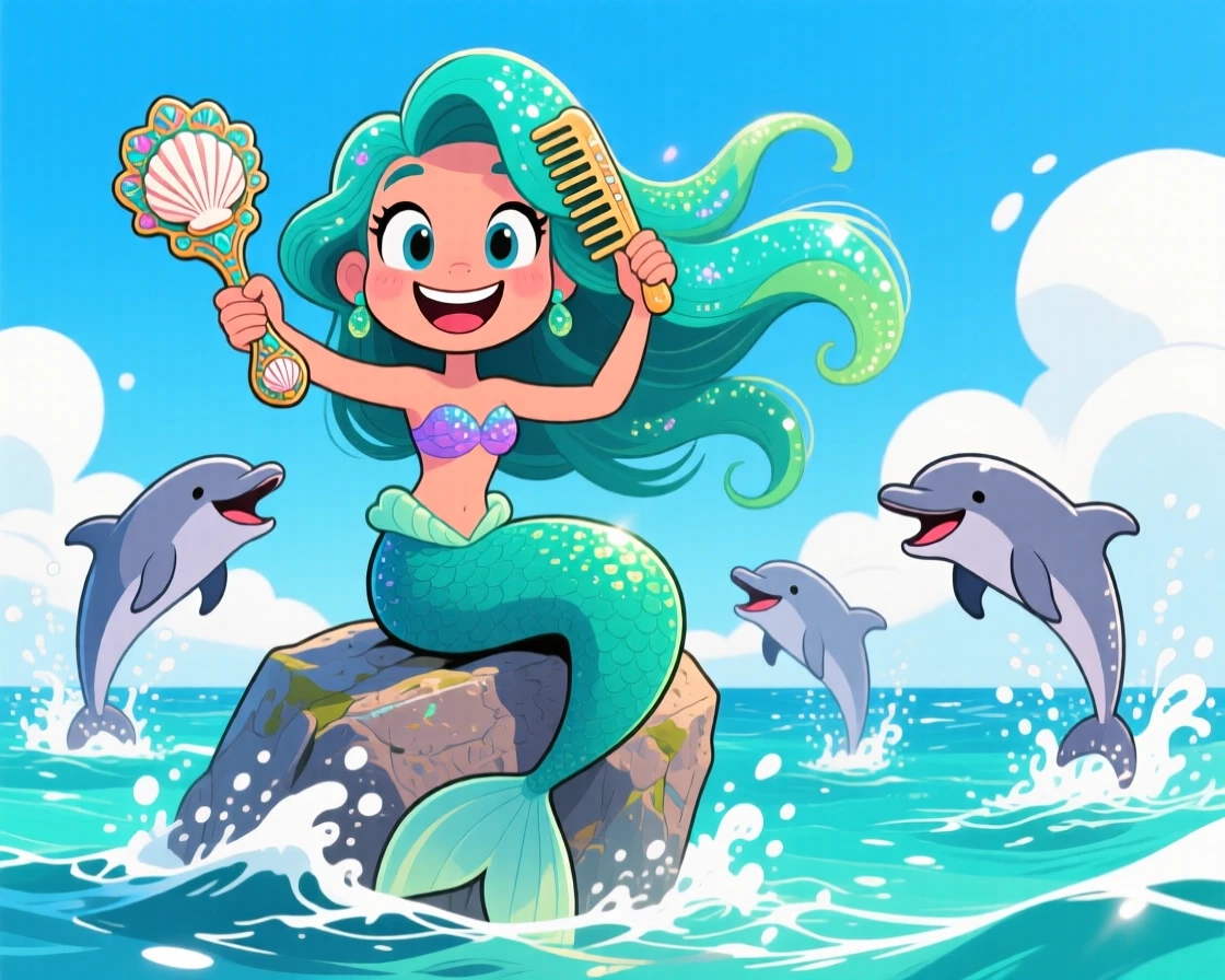 An imaginative fantasy scene of a mermaid perched on a rock combing her flowing hair while dolphins leap around her.