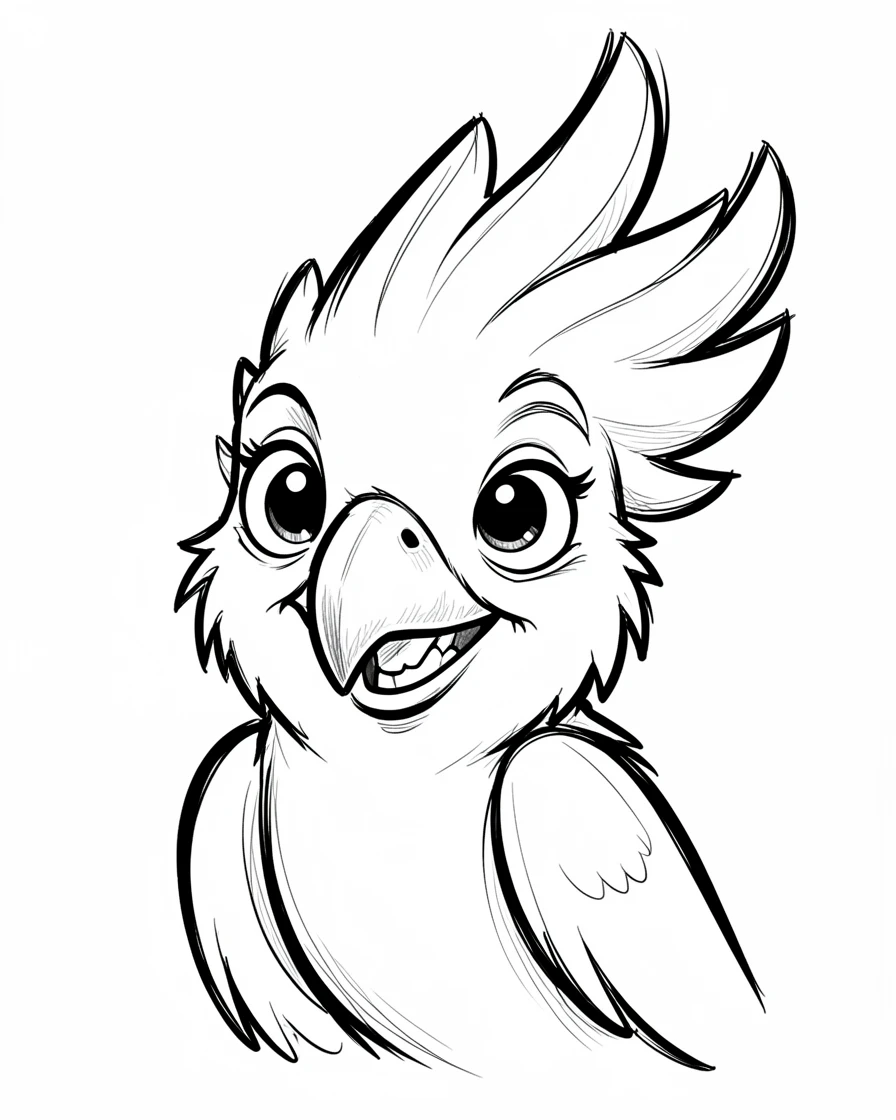 [Cute Animals & Pets] Adorable scene of a curious cockatoo tilting its head with a mischievous grin, bursting with charm and playful energy
