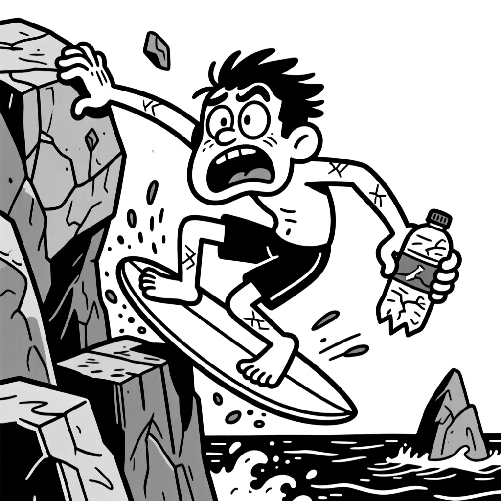 A surfer wiping out spectacularly, clinging on with one hand and a wide-eyed grimace, set on a dramatic rocky cliffside. A water bottle is crushed flat from being gripped so hard. The moment captures determination with a comic twist.