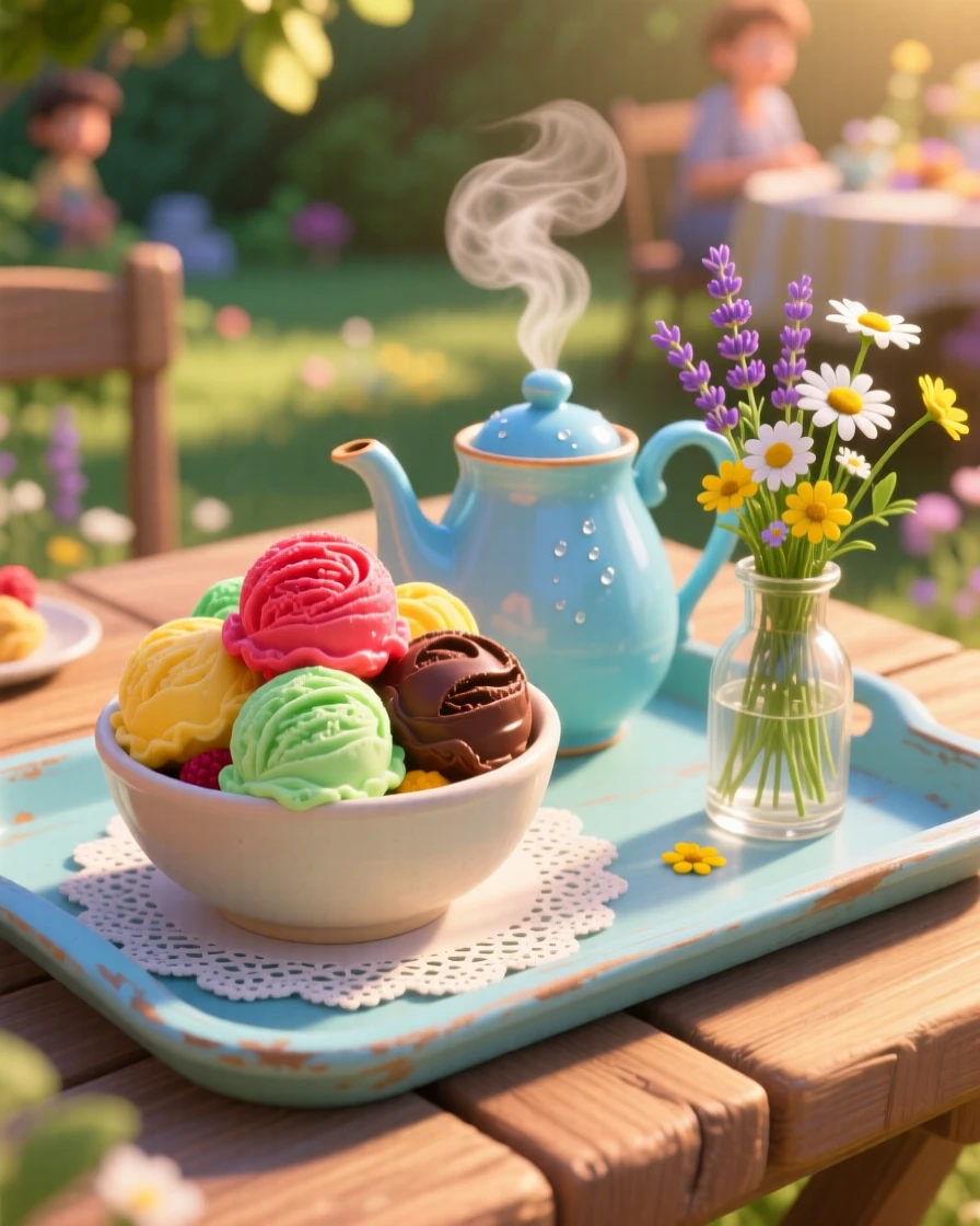 A bowl of colorful gelato scoops sits on a tray beside a steaming teapot, with a small vase of wildflowers nearby. The mood is festive and appetizing.