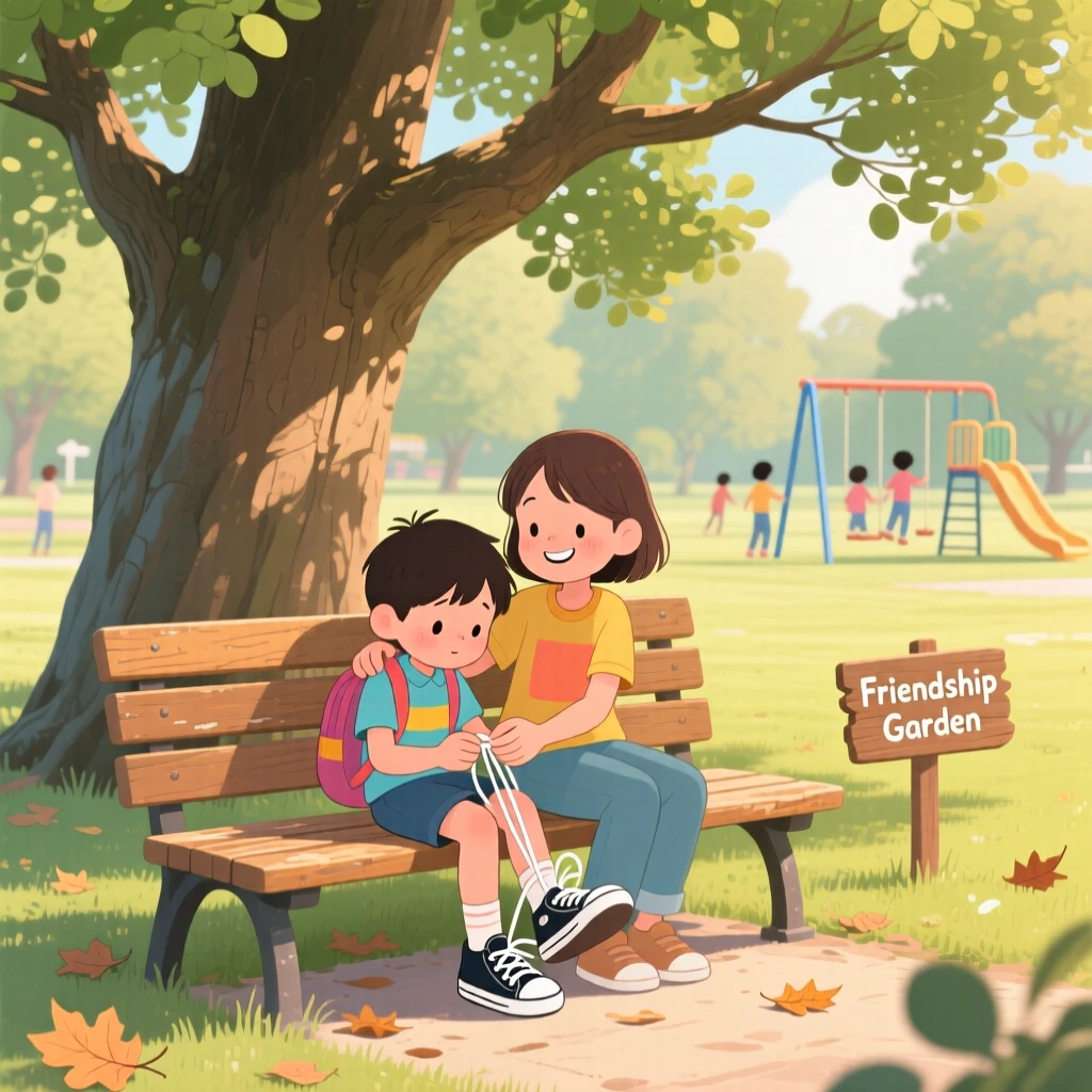 In a park bench under an old oak tree, a lonely new student and a welcoming classmate bond over teaching each other to tie their shoelaces, with a gentle hand resting on a shoulder.