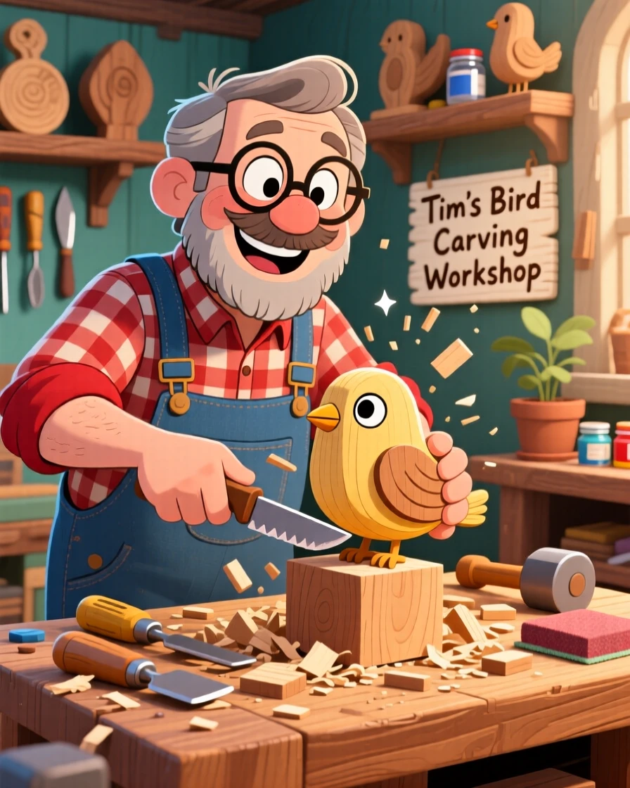 A woodworker carving a small bird from a block of wood.