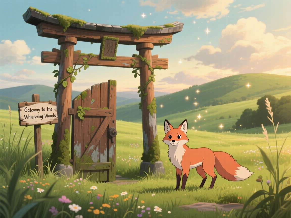 A portal shaped like an old wooden gate standing alone in a meadow, where a fox with softly glowing fur can be seen nearby, the atmosphere mysteriously beautiful.
