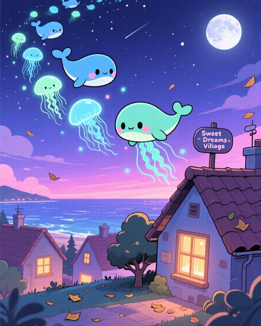 In a twilight sky above rooftops, a school of glowing jellyfish-like sky whales are drifting slowly over a sleeping village on a breezy coastal afternoon, bathed in soft moonlight, expression full of shy bashfulness. Shot as a dynamic diagonal composition.