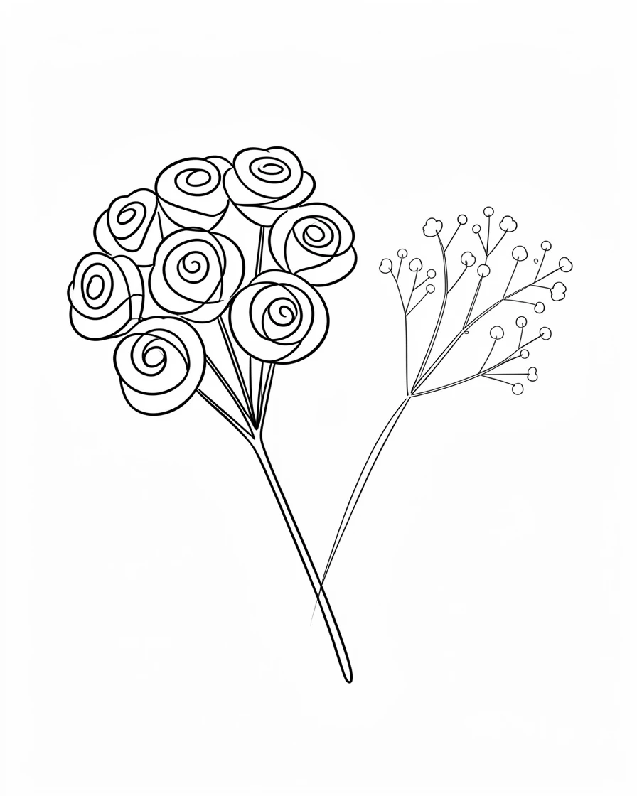 A single stem of baby's breath resting beside a bouquet of roses