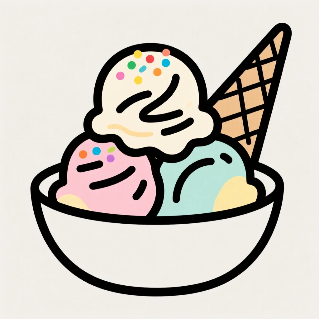 A bowl of ice cream with three scoops topped with sprinkles and a waffle cone.