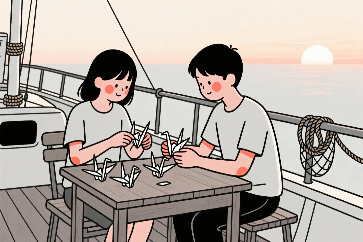 A young couple folding paper cranes at a desk, on a fishing boat at dawn.