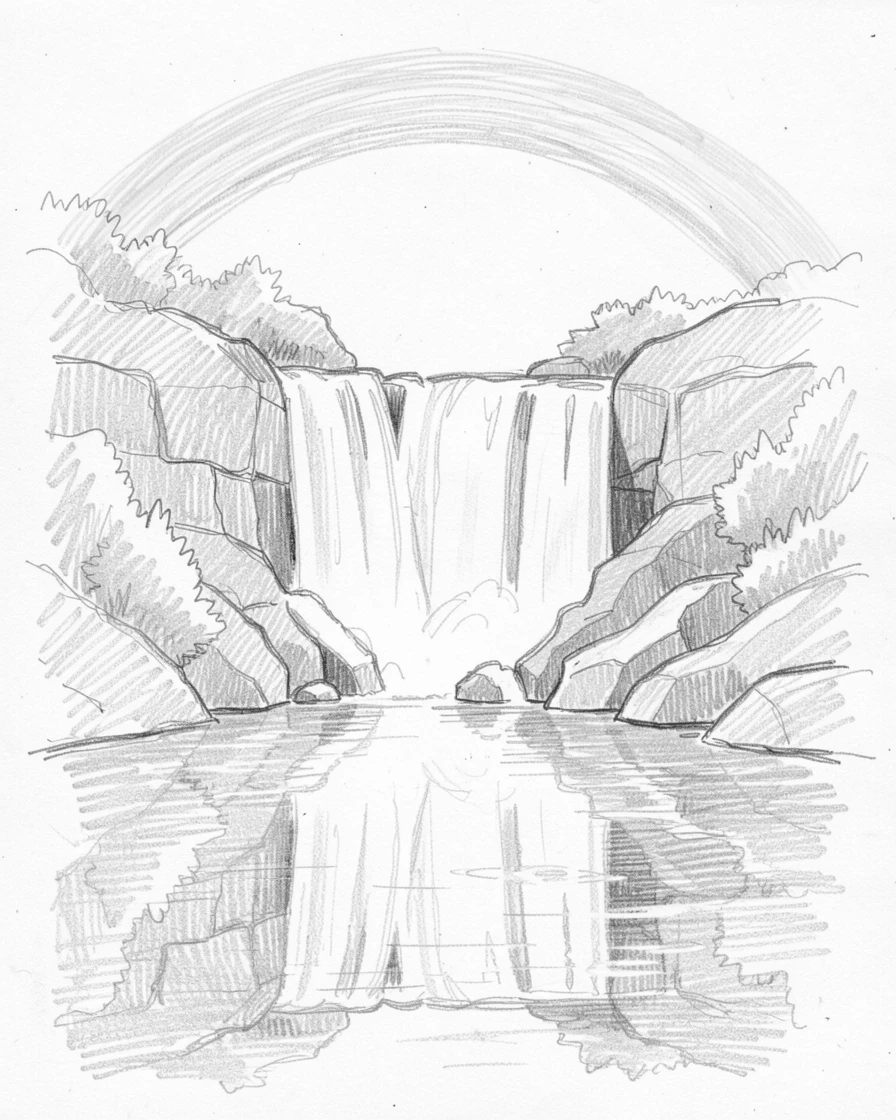 A cascading waterfall, under a rainbow arching after a storm, with reflections mirrored perfectly in still water.