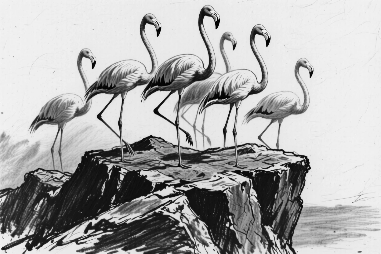 A flock of flamingos standing alert atop a rocky outcrop.