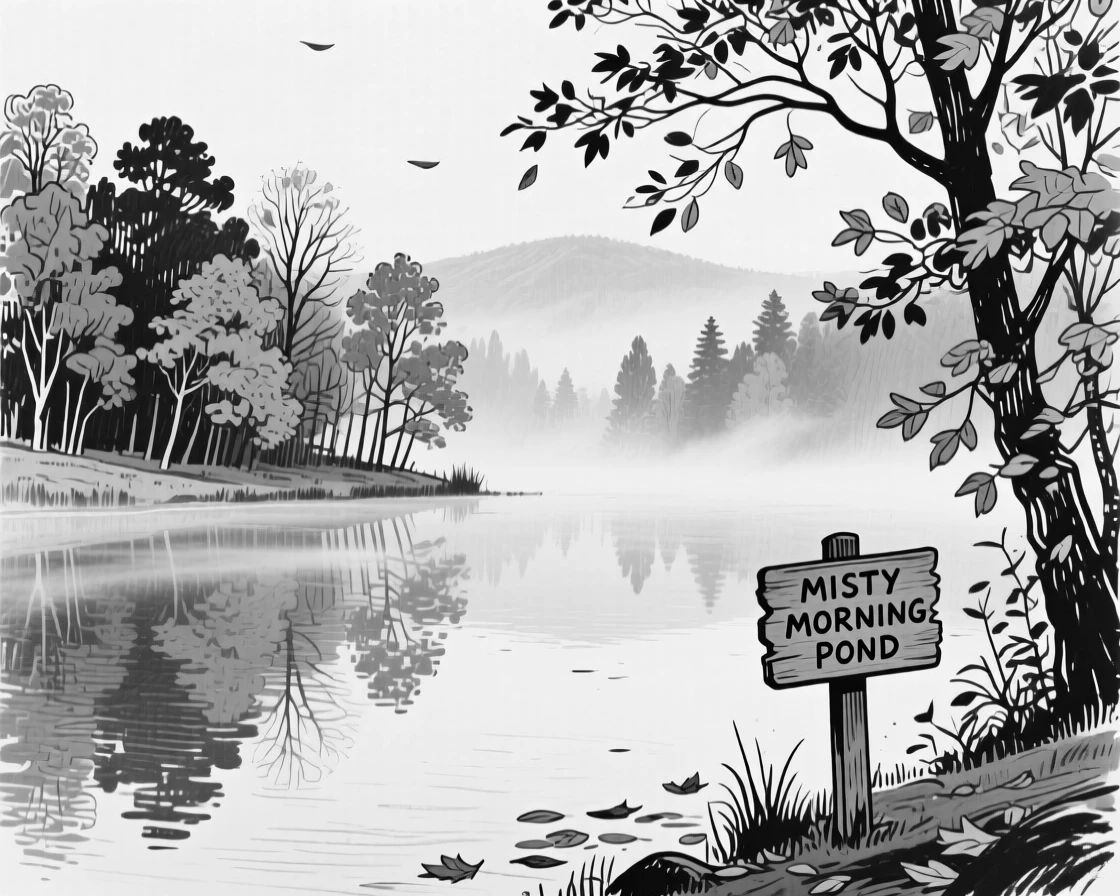 A misty morning over a still pond surrounded by autumn trees.
