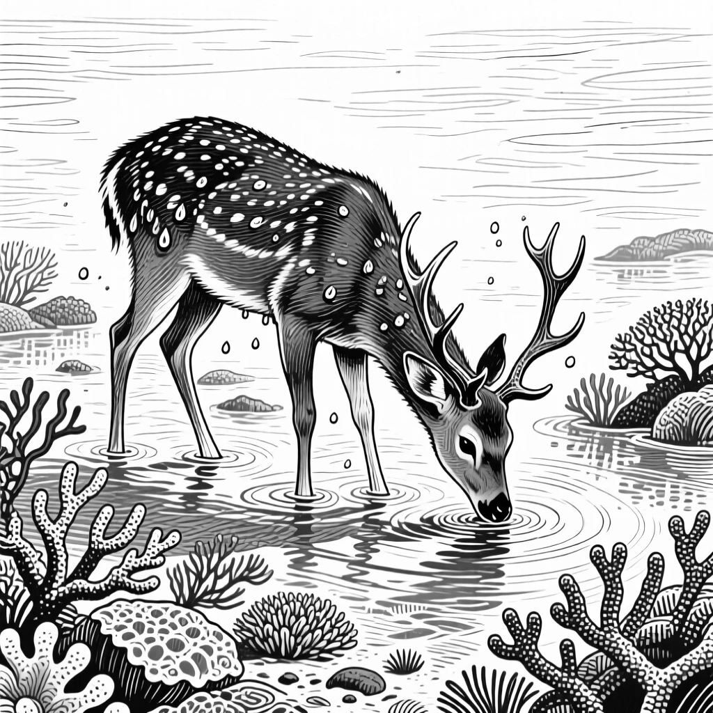 A grazing deer in the shallows of a coral reef, with droplets of water clinging to its coat, capturing a gentle and endearing moment in nature with a strong, centered focal point.