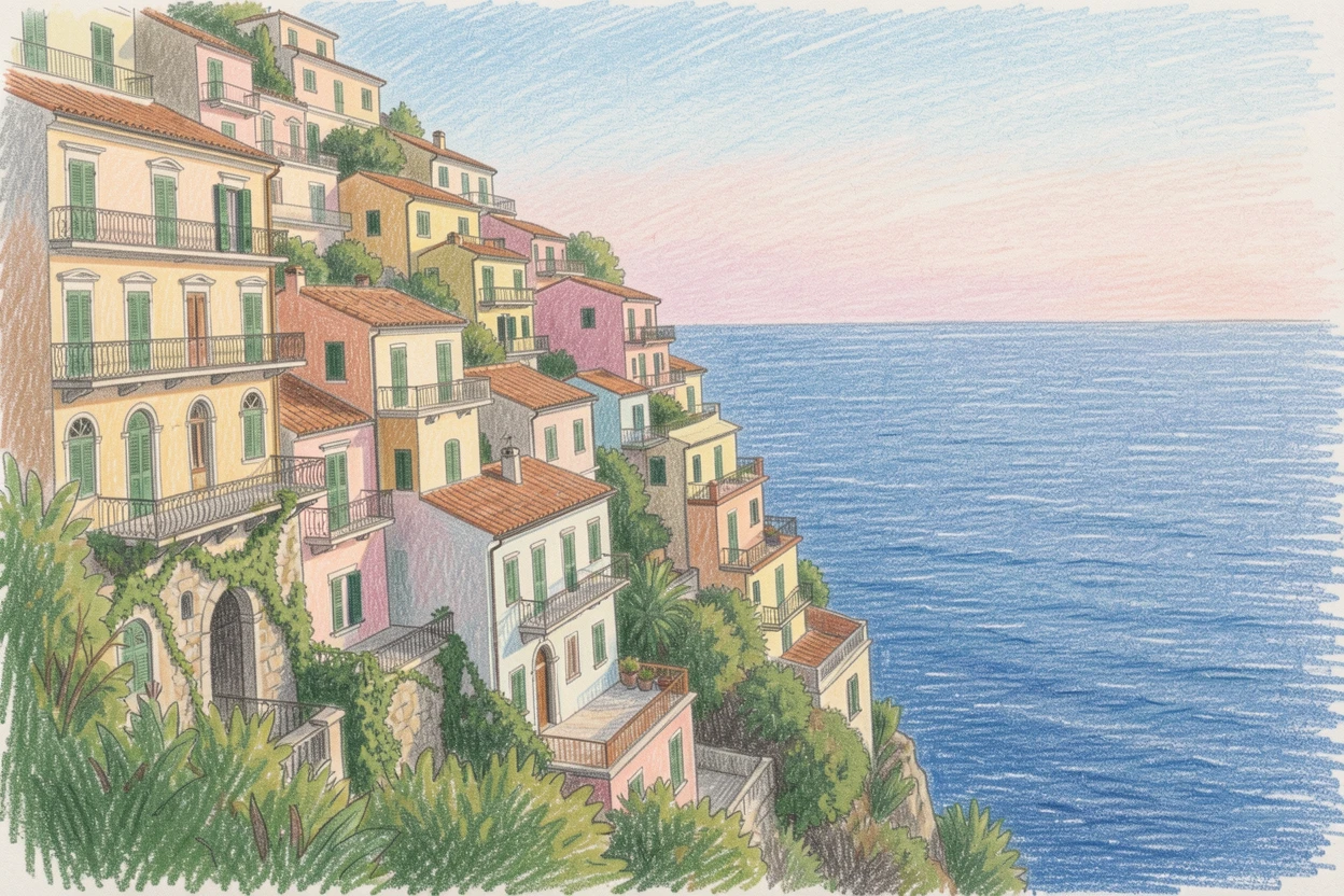 The Positano coastline with pastel houses cascading toward the sea, with warm light casting long shadows across the scene, capturing the timeless charm of a beloved destination.