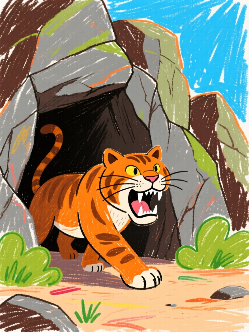 A saber toothed cat prowling through a prehistoric cave entrance.