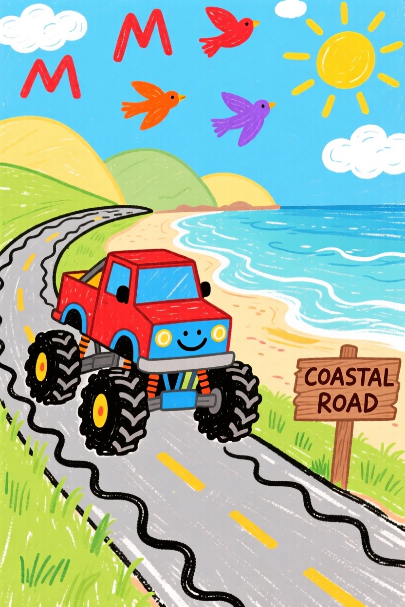 A rugged monster truck traveling along a winding coastal road.