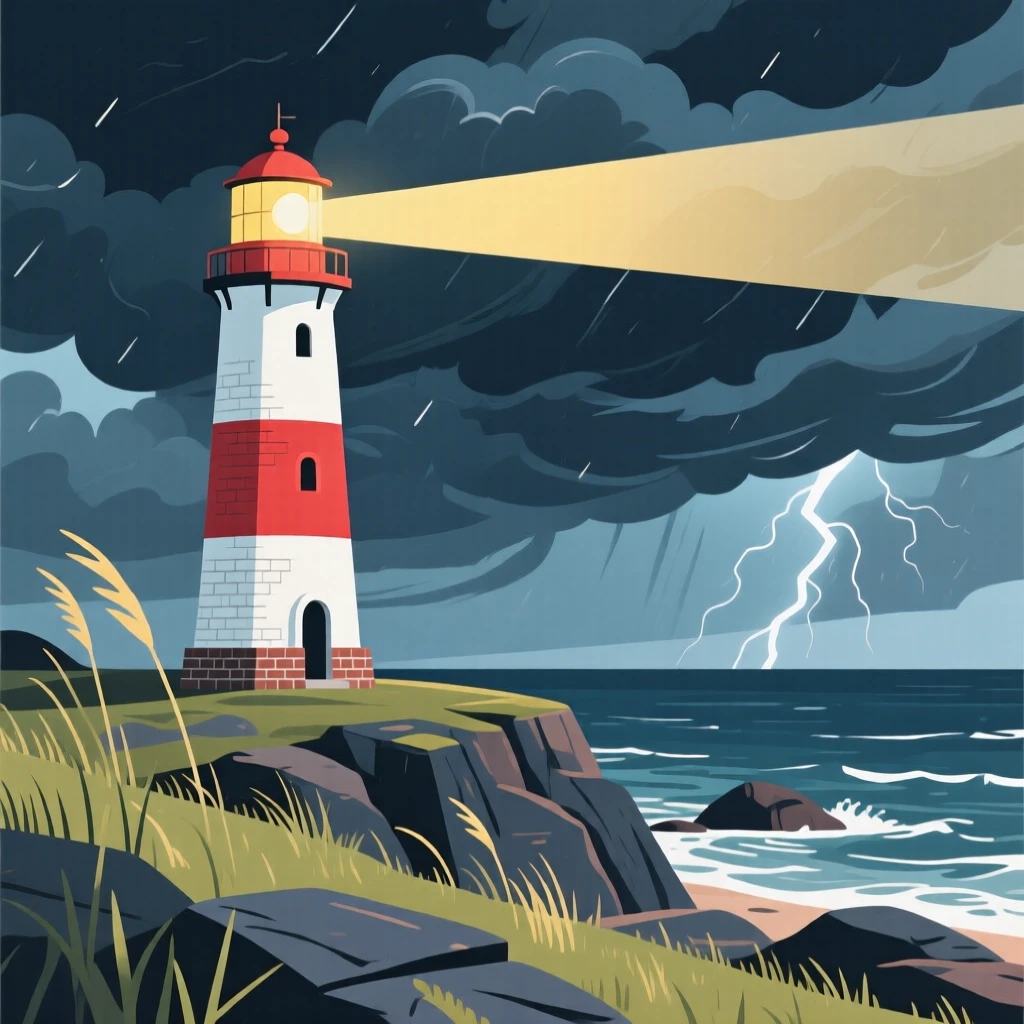 A coastal lighthouse standing against a stormy horizon, with gentle wind rippling across the landscape, arranged with a clear foreground, midground, and background, with a fresh, crisp clarity that highlights every detail.