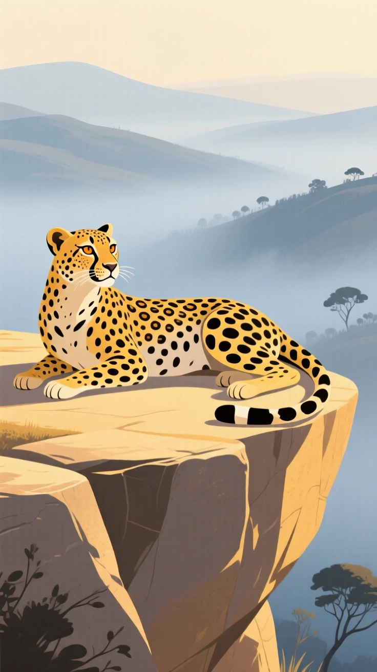 A majestic cheetah resting on a sunlit ledge overlooking the misty valley.