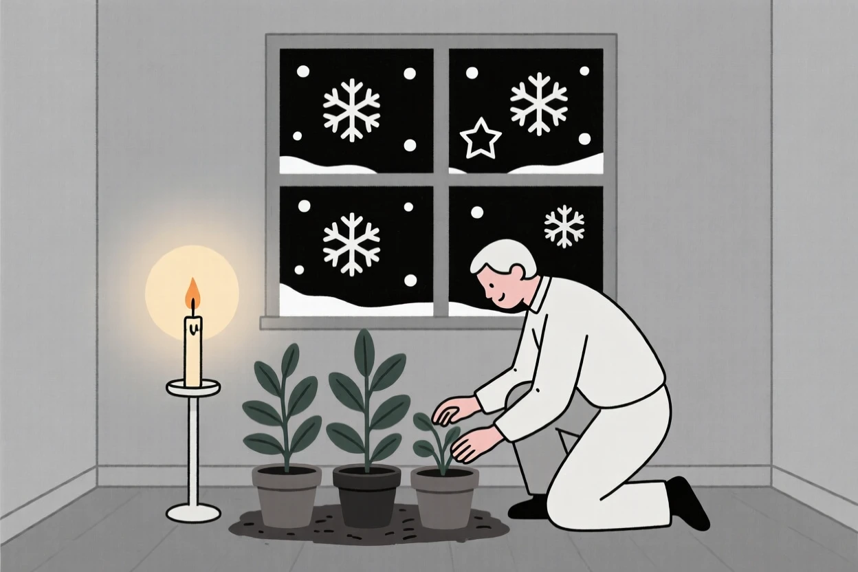 A farmer tending to a garden in a candlelit room, surrounded by soft falling snow, conveying quiet joy.