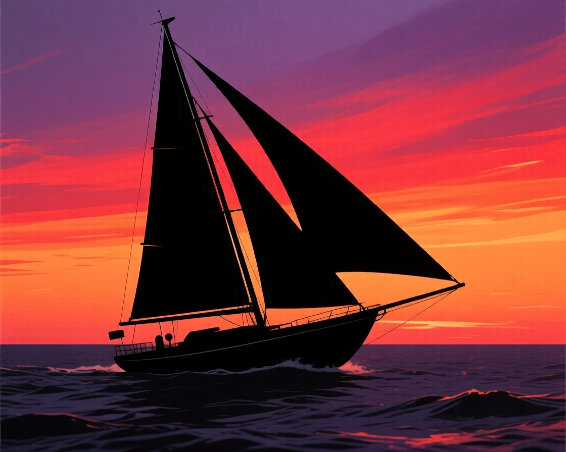 A sailboat leaning into the wind on open ocean water, sails fully stretched.