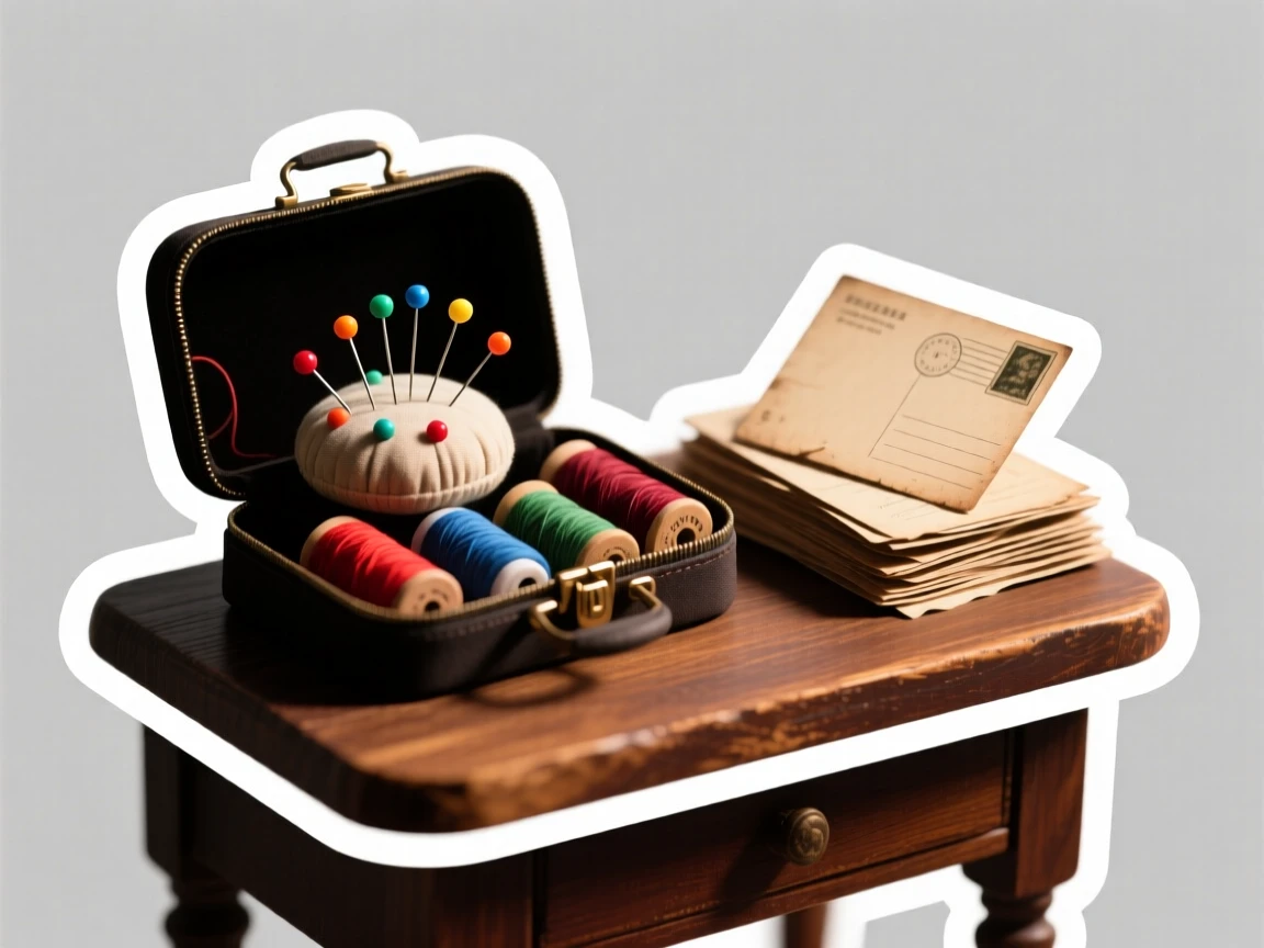 A softly lit sewing kit with pins and thread, resting beside a stack of postcards, on a vintage wooden desk.