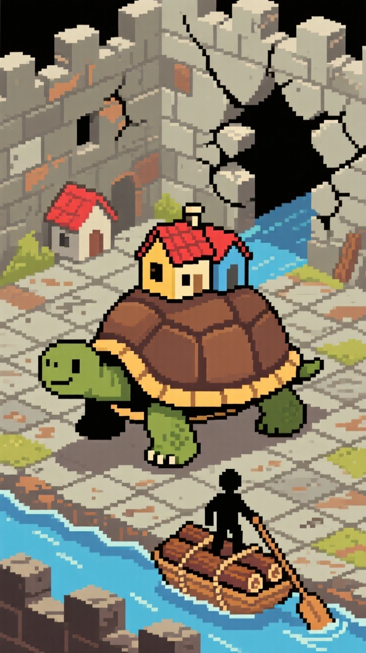 A giant turtle carrying a village on its shell building a tiny raft to cross a river, inside a crumbling castle courtyard.