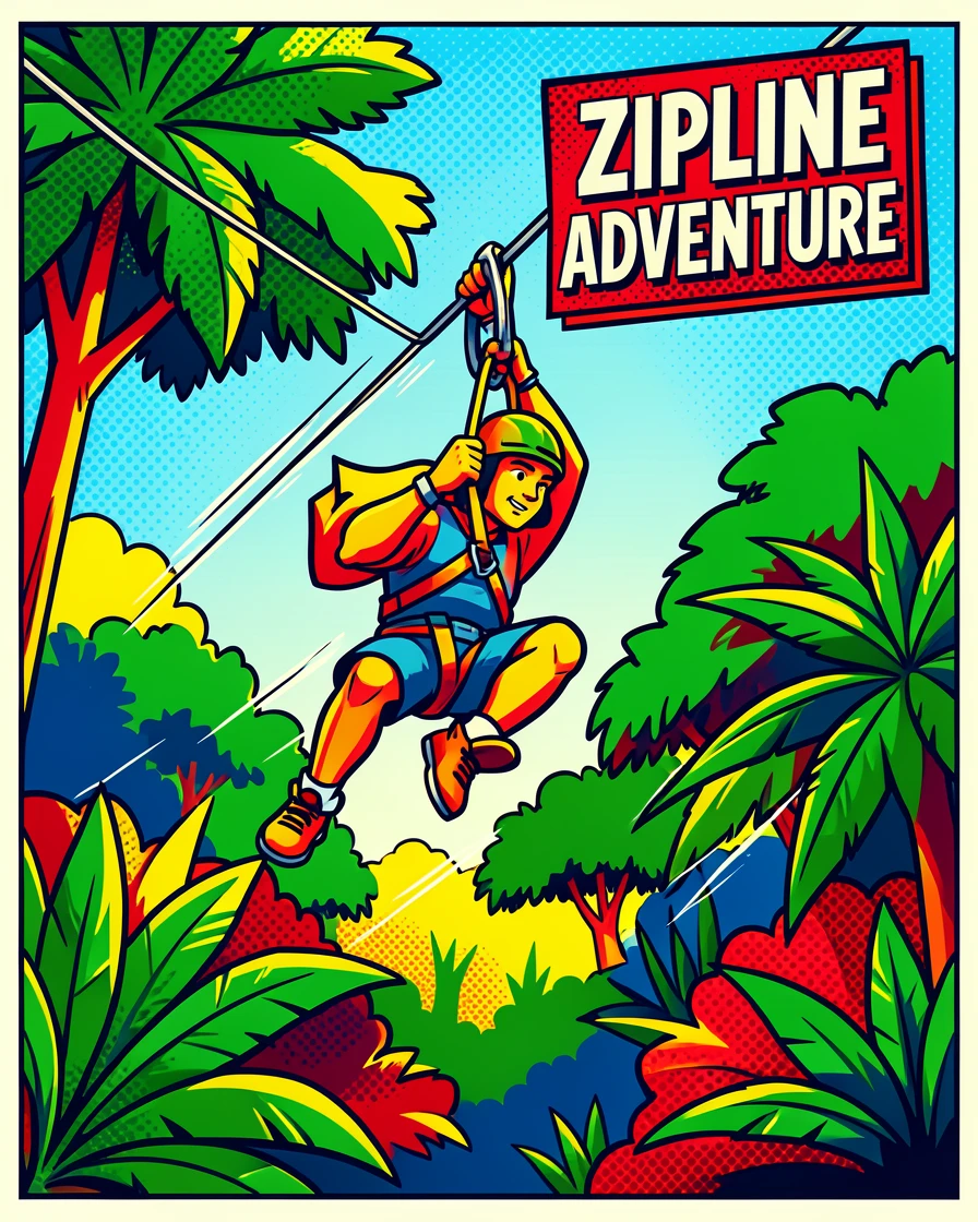 A zipline rider soaring above a lush rainforest canopy