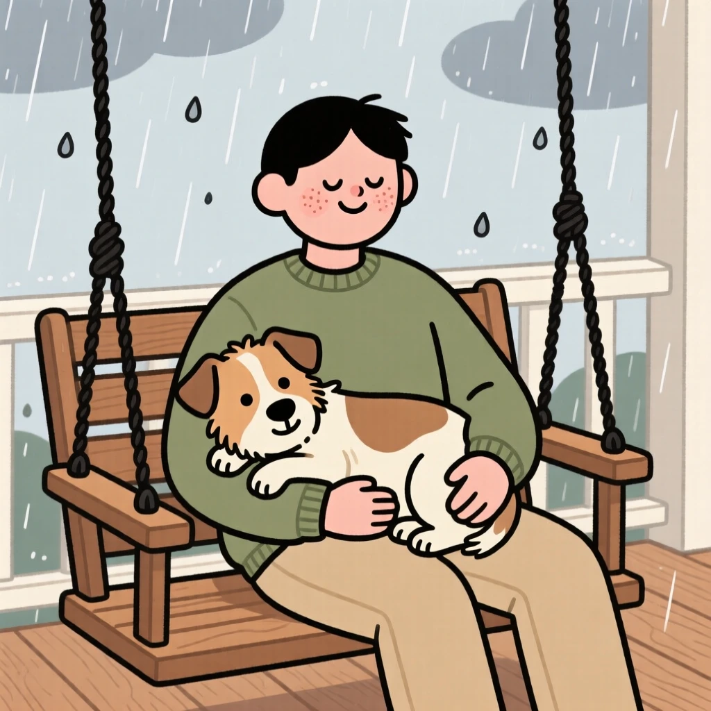 A small terrier rests its head on its owner's lap during a quiet rainy morning on the porch swing, both perfectly content.