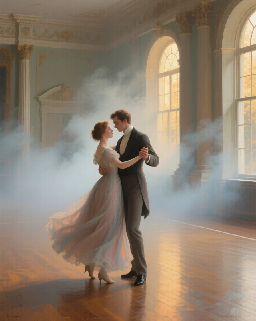 A medium shot of a young couple sharing a quiet dance in an empty ballroom, in thick fog, in late afternoon.