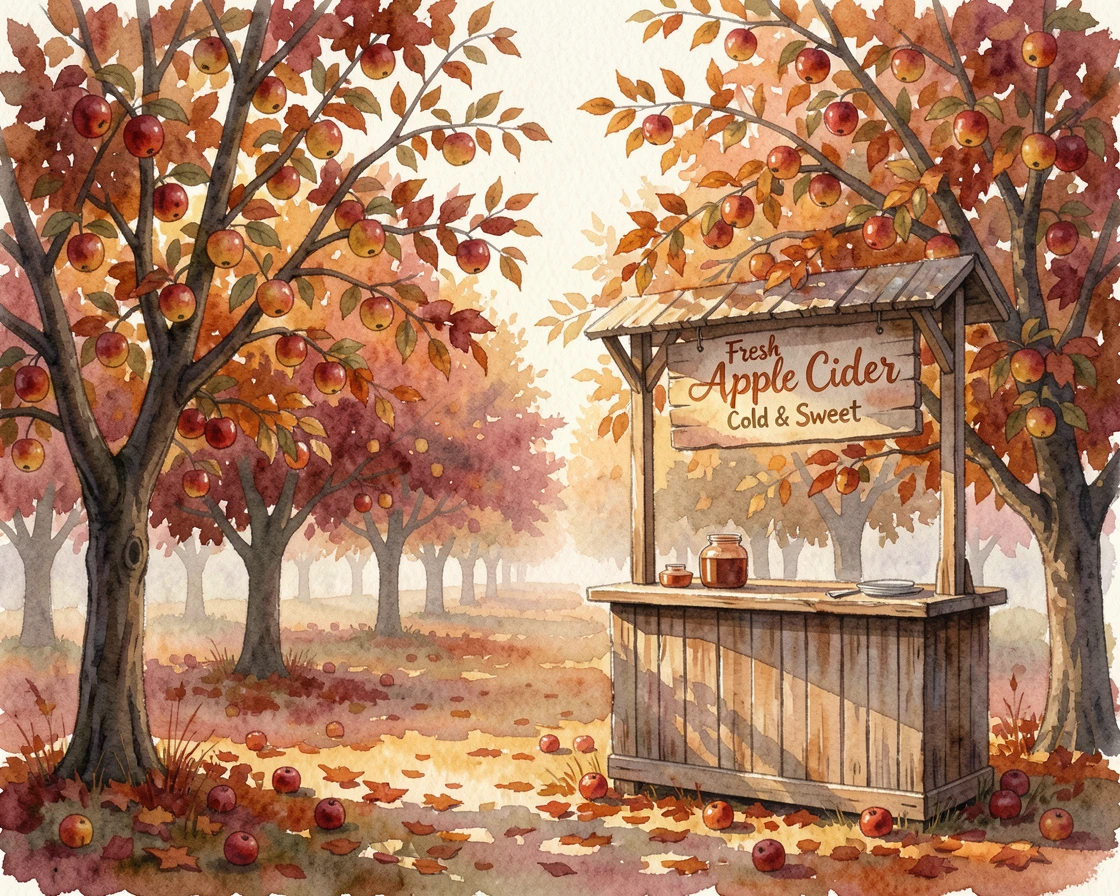 A autumn apple orchard with a wooden cider stand.