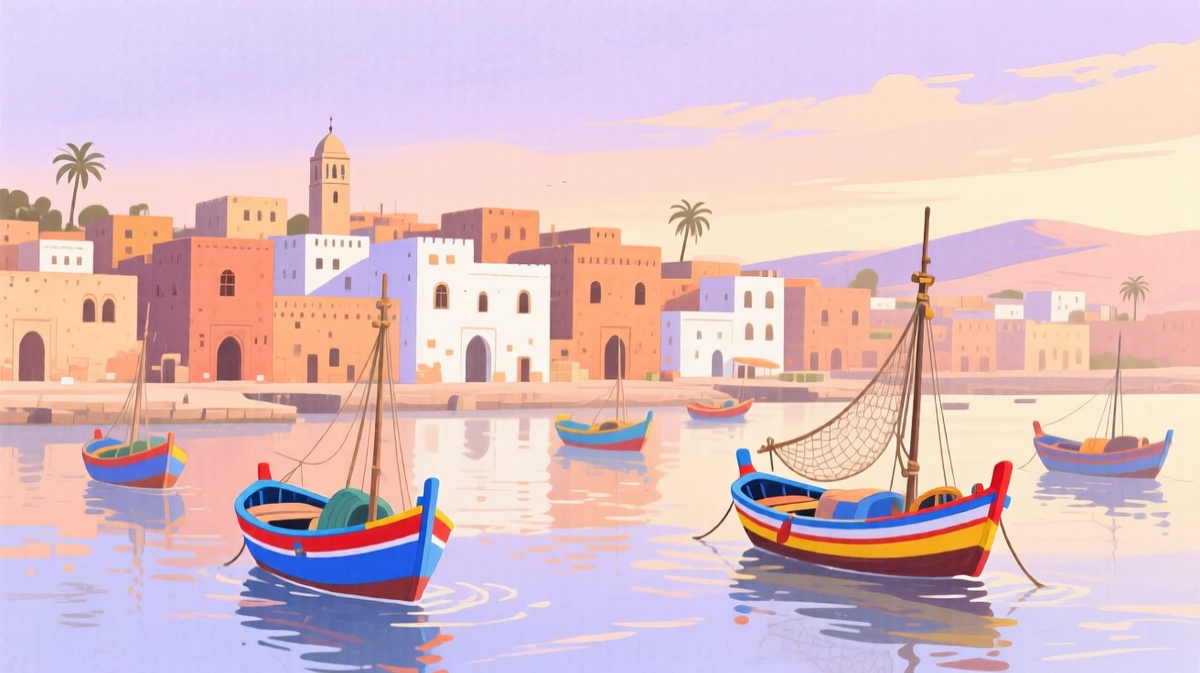 A picturesque view of a colorful Moroccan medina with fishing boats bobbing in the harbor, under a soft sunrise