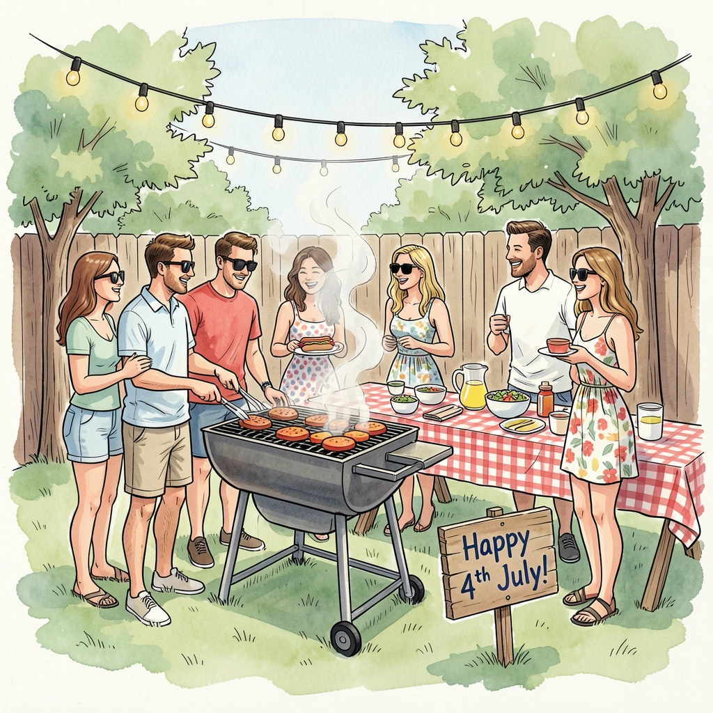 A summer fourth of July barbecue with friends gathered around a grill in a backyard
