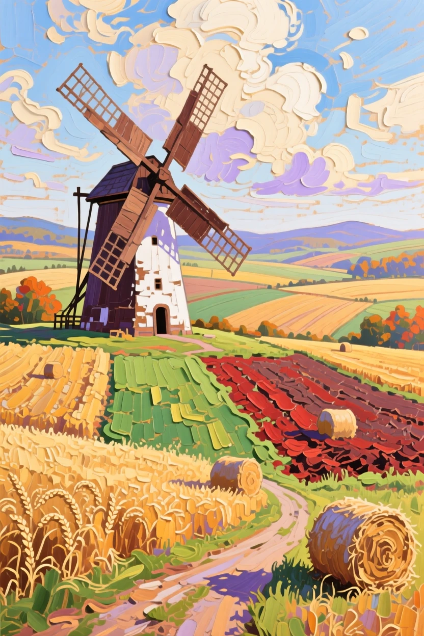 a windmill beside a patchwork of fields, during harvest season, with a balanced, spacious view of the surroundings.