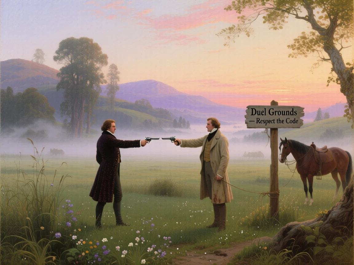 A duel is fought at dawn between two rivals in a misty field.
