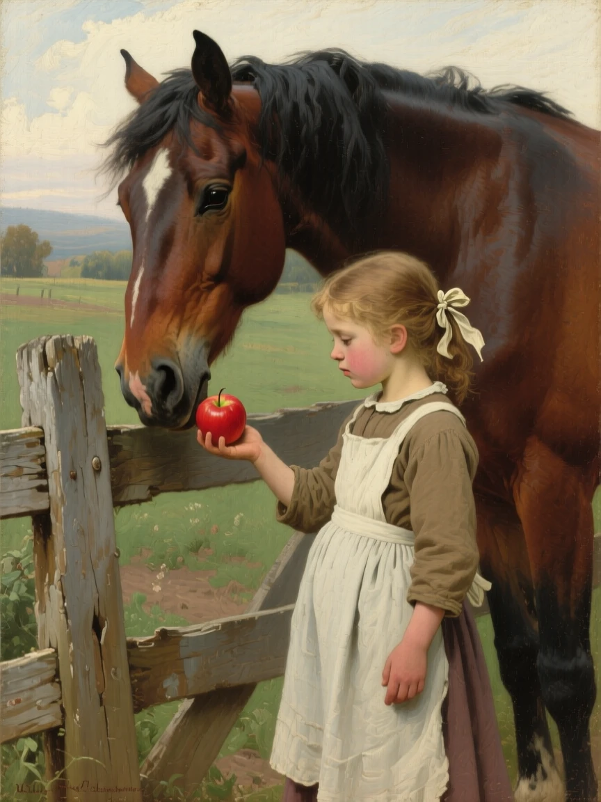 A little girl feeding a gentle horse an apple over a wooden fence, with the background softly blurred to keep attention on their face, designed to resonate emotionally with viewers of any background