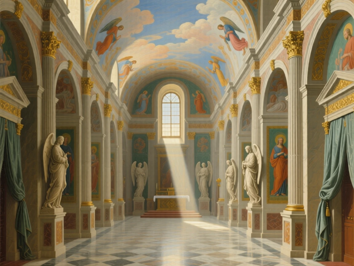 A private chapel with frescoed walls and a single beam of light awaiting the arrival of guests soon to fill its halls, set within a royal residence steeped in history, with towering columns rising toward a painted, cloud-filled ceiling; symmetry and repetition of arches create a sense of timeless order, evoking timeless grandeur and quiet reverence.
