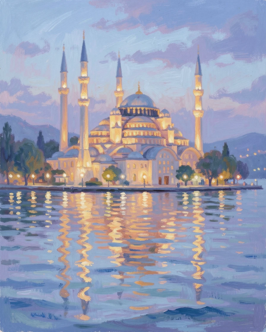 The Blue Mosque of Istanbul glowing at twilight, reflected in the still waters of the Bosphorus.