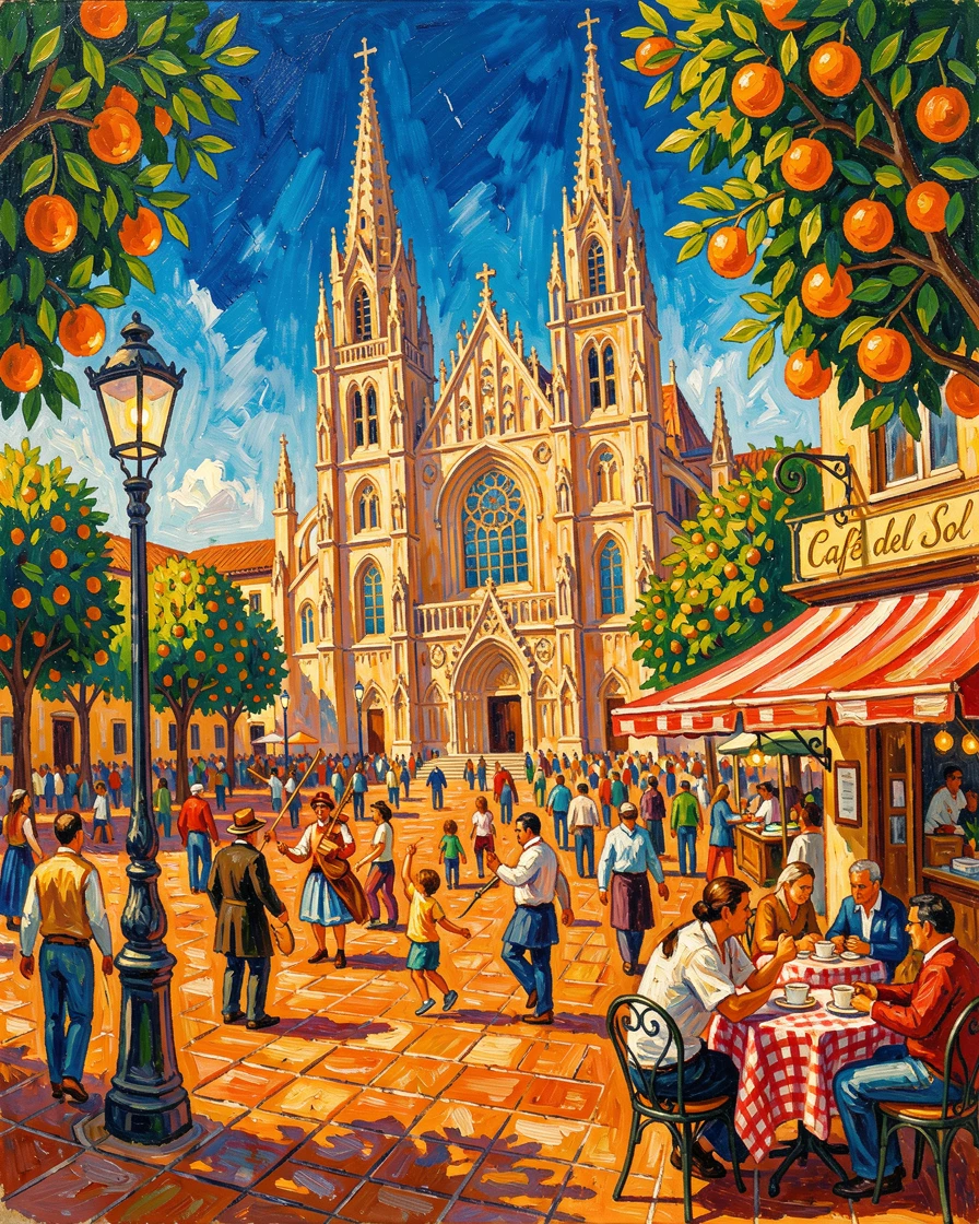 A busy plaza in Seville with a grand cathedral and orange trees lining the square.