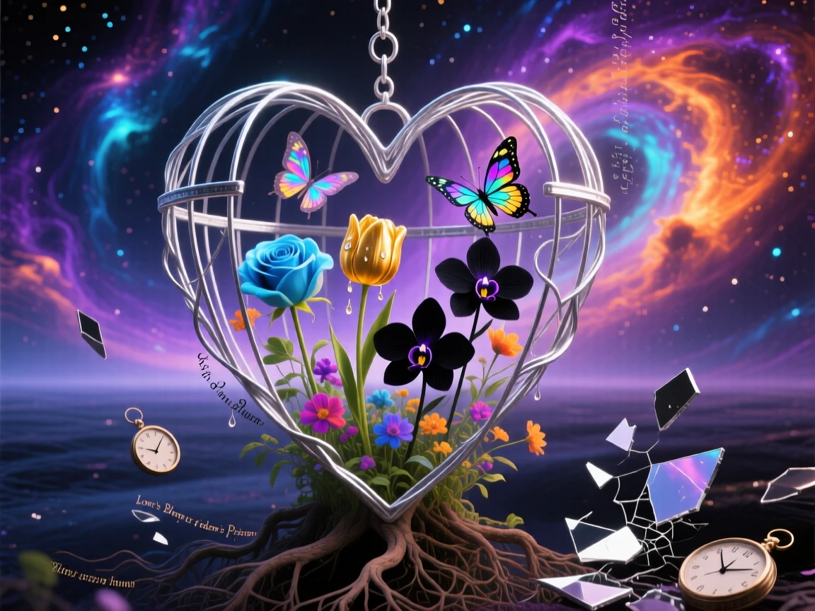 A heart-shaped cage slowly filling with blooming flowers drifts slowly through a space with no clear boundary, as small details reveal themselves only on close look.