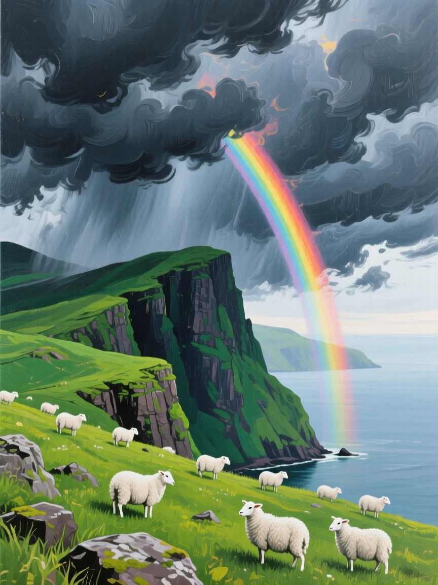 A vivid sky over the Faroe Islands shows a rainbow piercing through dark storm clouds above steep green cliffs and a scattered flock of sheep, a faint haze softening the far horizon while nearer details remain crisp and vivid.
