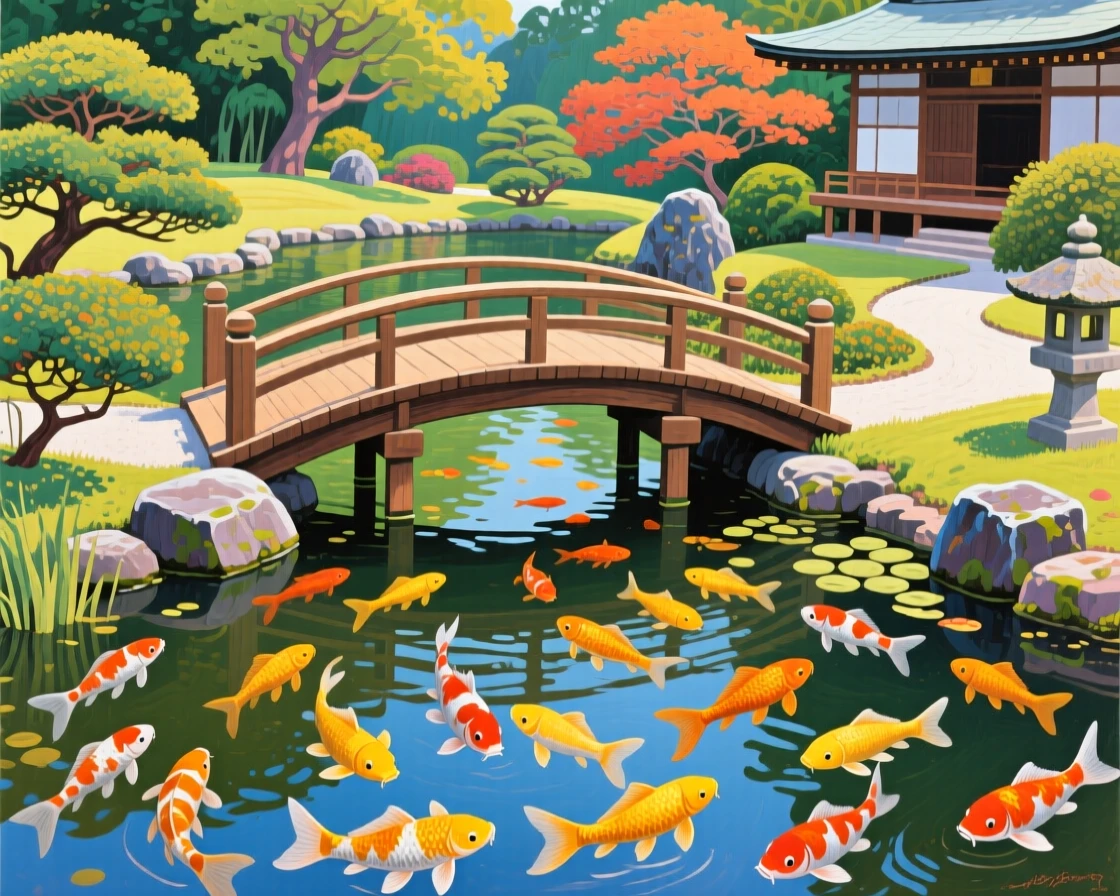 A Japanese zen garden with a curved wooden bridge crossing a koi pond full of golden fish