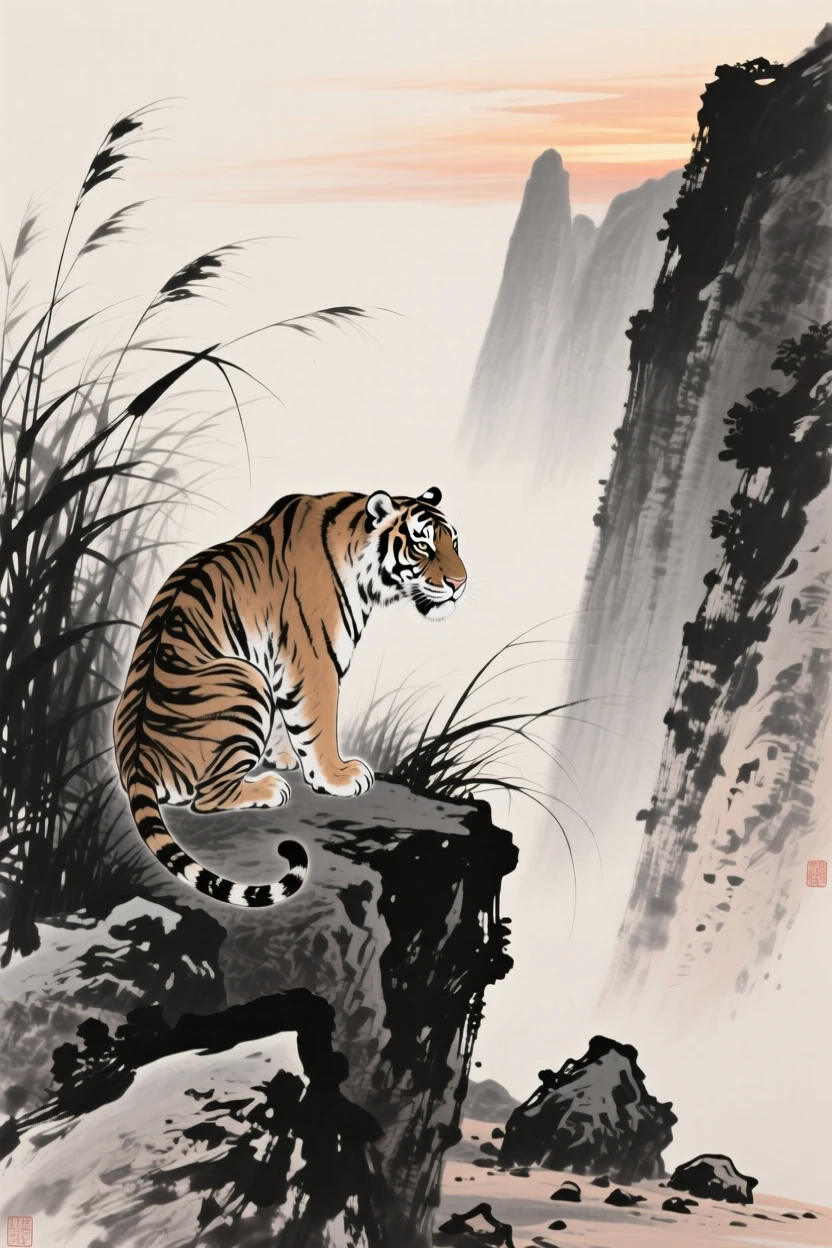A tiger crouches low in tall grass, watching the valley below, as the last light of evening falls across the rocks.