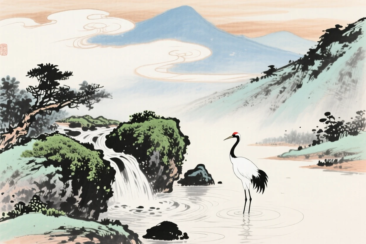 A mountain spring bubbling up beside mossy stones, with a solitary crane standing motionless in the shallows, under drifting clouds.