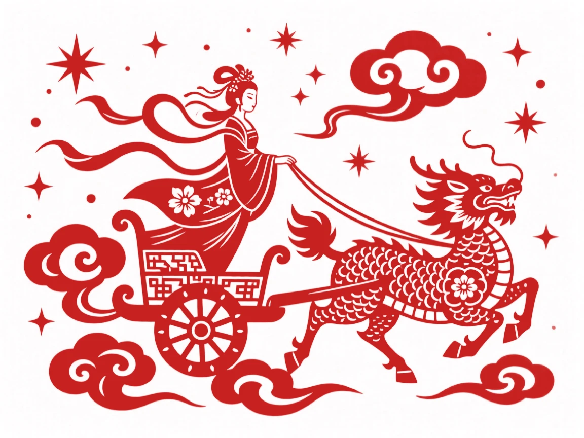 A celestial maiden riding a cloud chariot pulled by a pair of qilin across a starlit sky