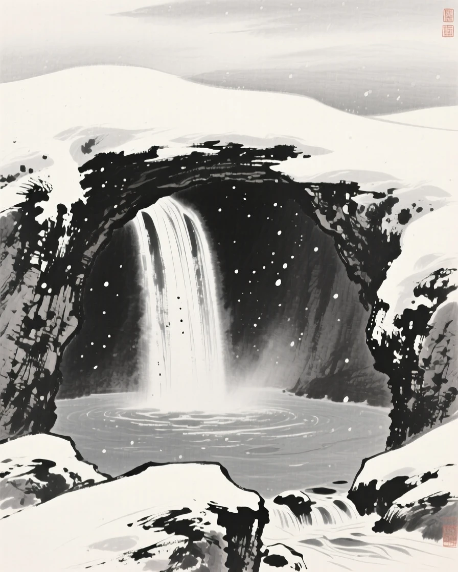 A cave mouth opening onto a hidden waterfall pool under a pale winter sky heavy with unfallen snow, framed low, with the foreground rocks leading the eye toward the distance, evoking a deep sense of solitude and quiet grandeur.