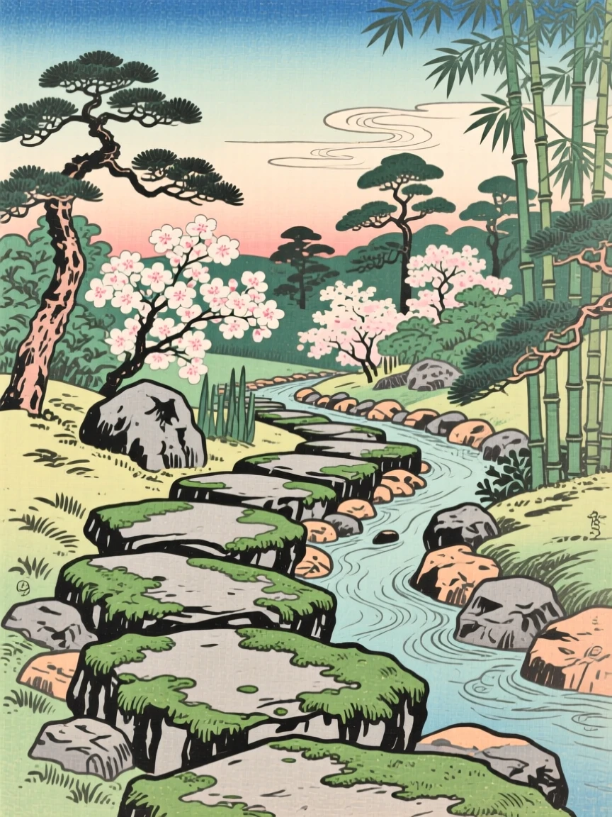 A moss-covered stone path, bordered by carefully placed stones.