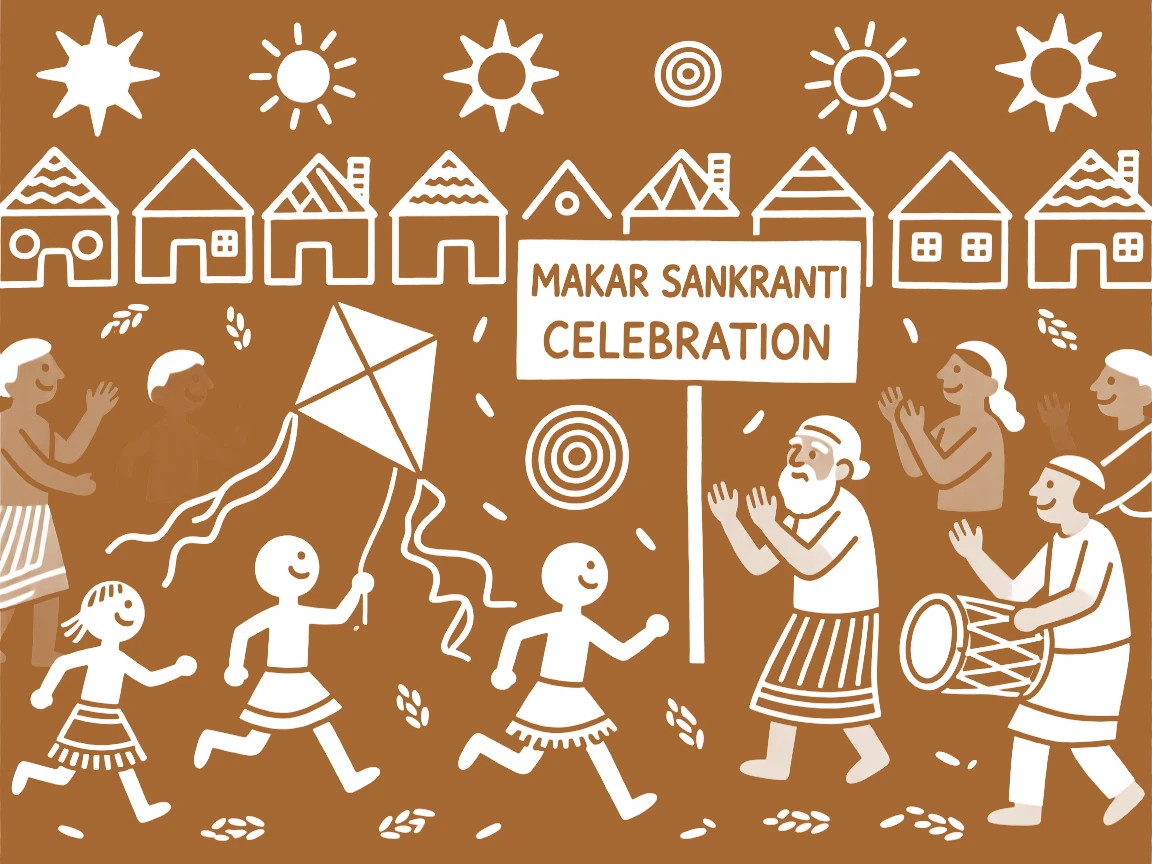 Makar Sankranti celebrated as children run through the crowd with excitement.