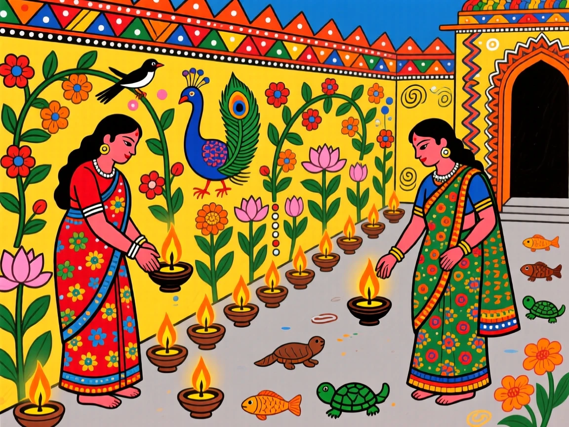 Women lighting rows of small clay lamps along a courtyard wall.