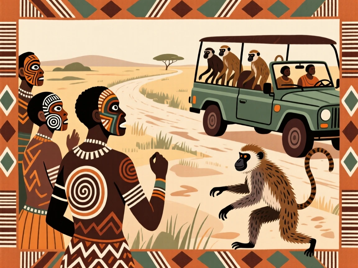 A group observing a troop of baboons from a jeep track.