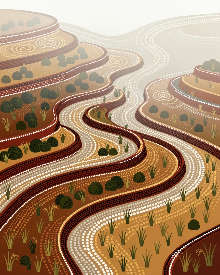 Terraced rice paddies shrouded in morning mist
